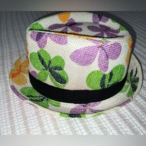 Floral paper/straw type fedora style hat with dark band - tag is size 58 (child)